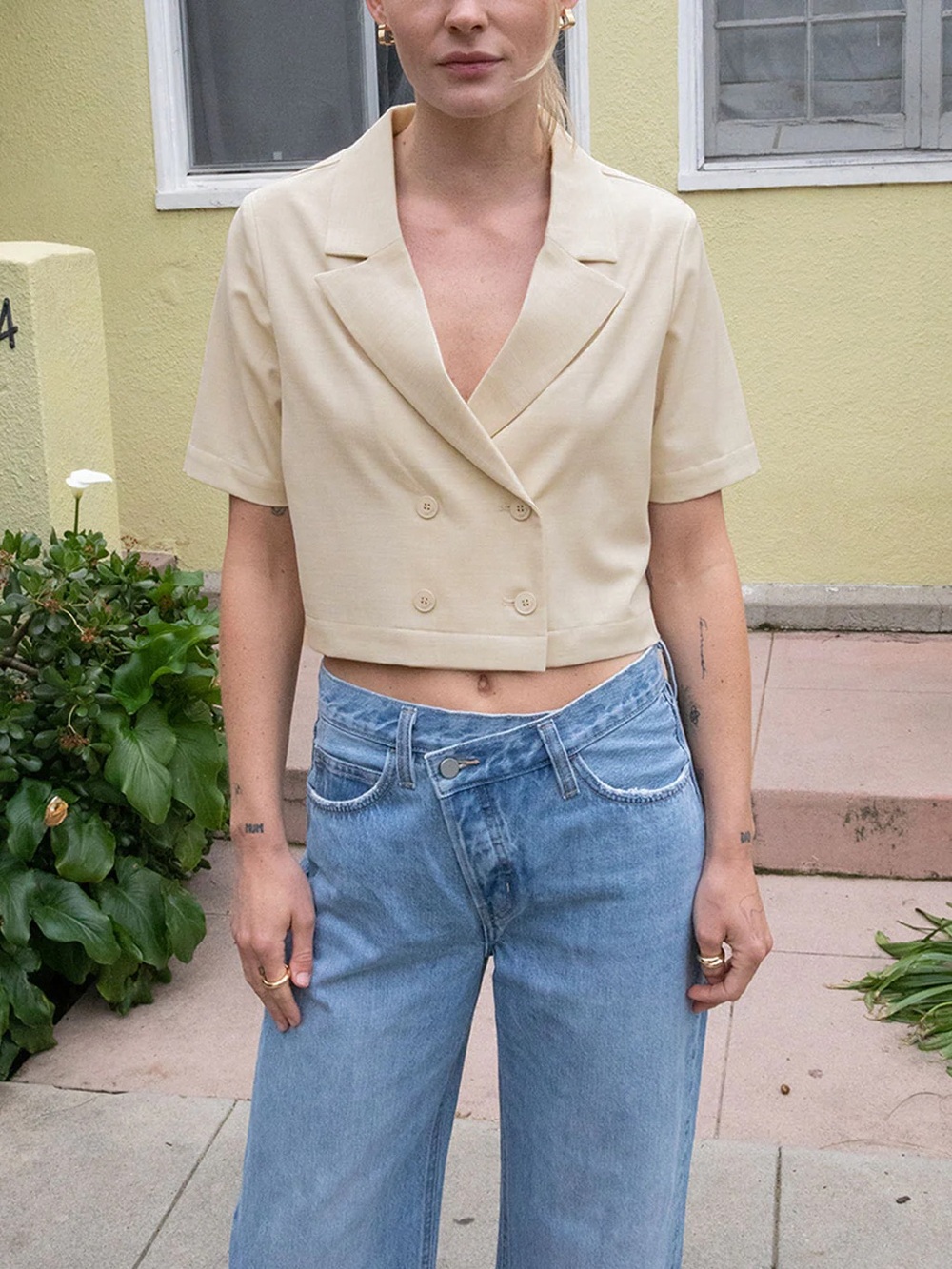 Oak & Fort Double-Breasted Cropped Cotton Linen Button Blouse
